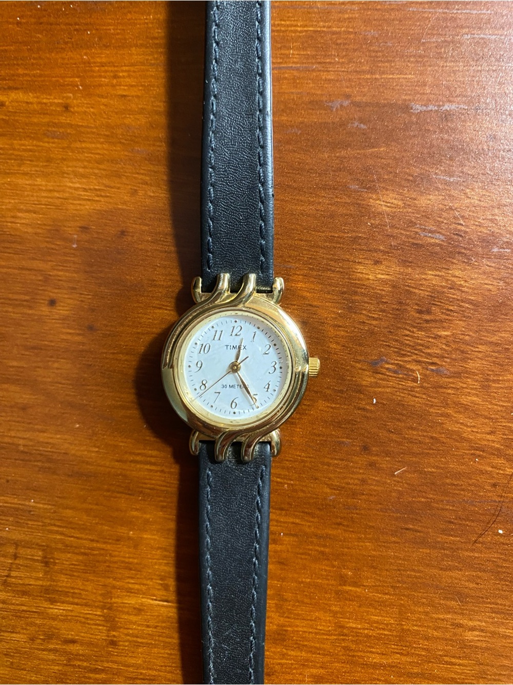Timex Gold Case White Dial Black Leather Strap Watch